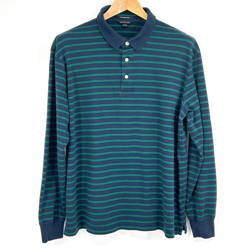 Classic Comfy Soft Cotton Long Sleeve‎ Striped Polo Shirt Men’s Navy Green XL